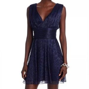 🆕 ✨ AQUA Navy Blue Pleated V-Neck Fit & Flare Dress Sleeveless Cocktail Evening